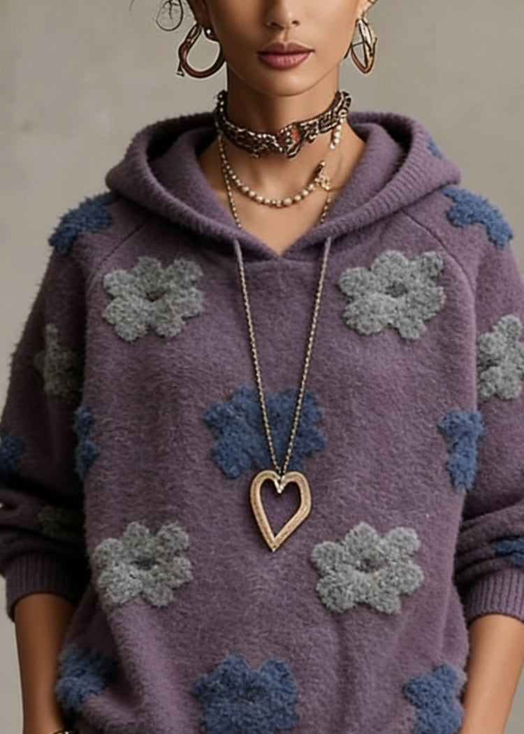 Plus Size Purple Floral Hooded Cotton Knit Sweaters Spring - Omychic