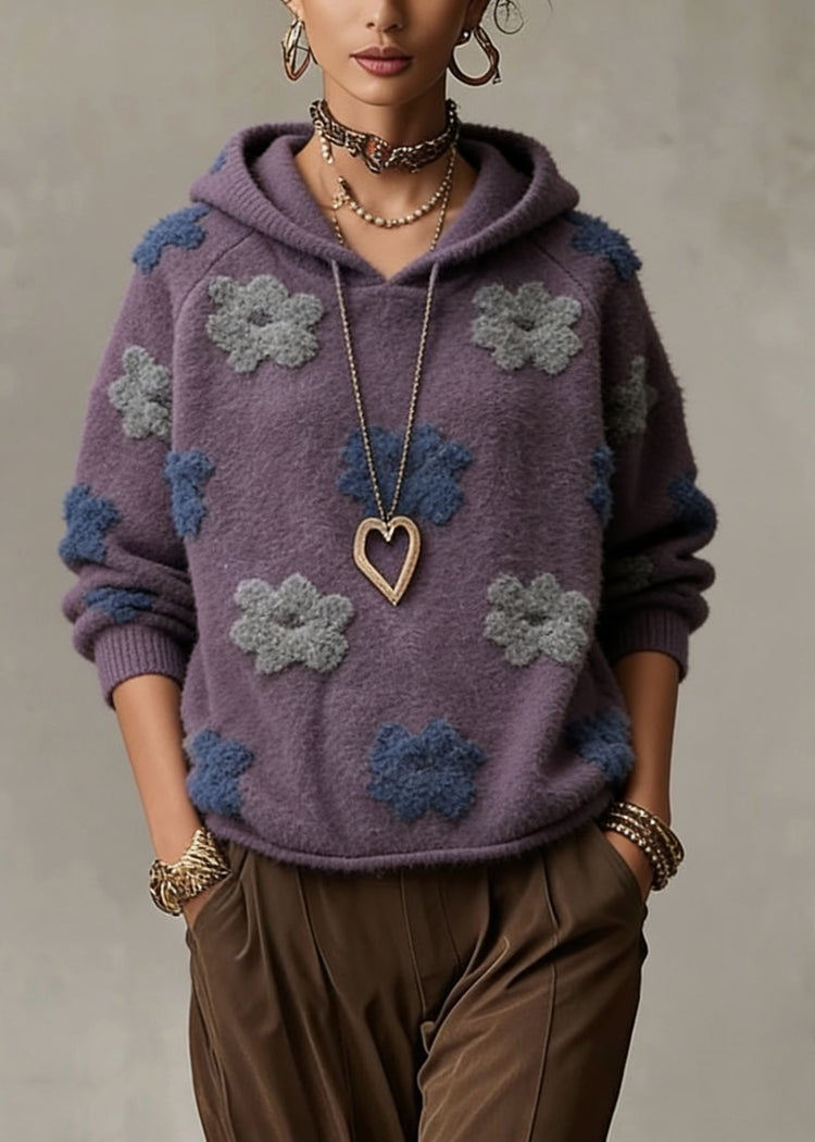 Plus Size Purple Floral Hooded Cotton Knit Sweaters Spring - Omychic