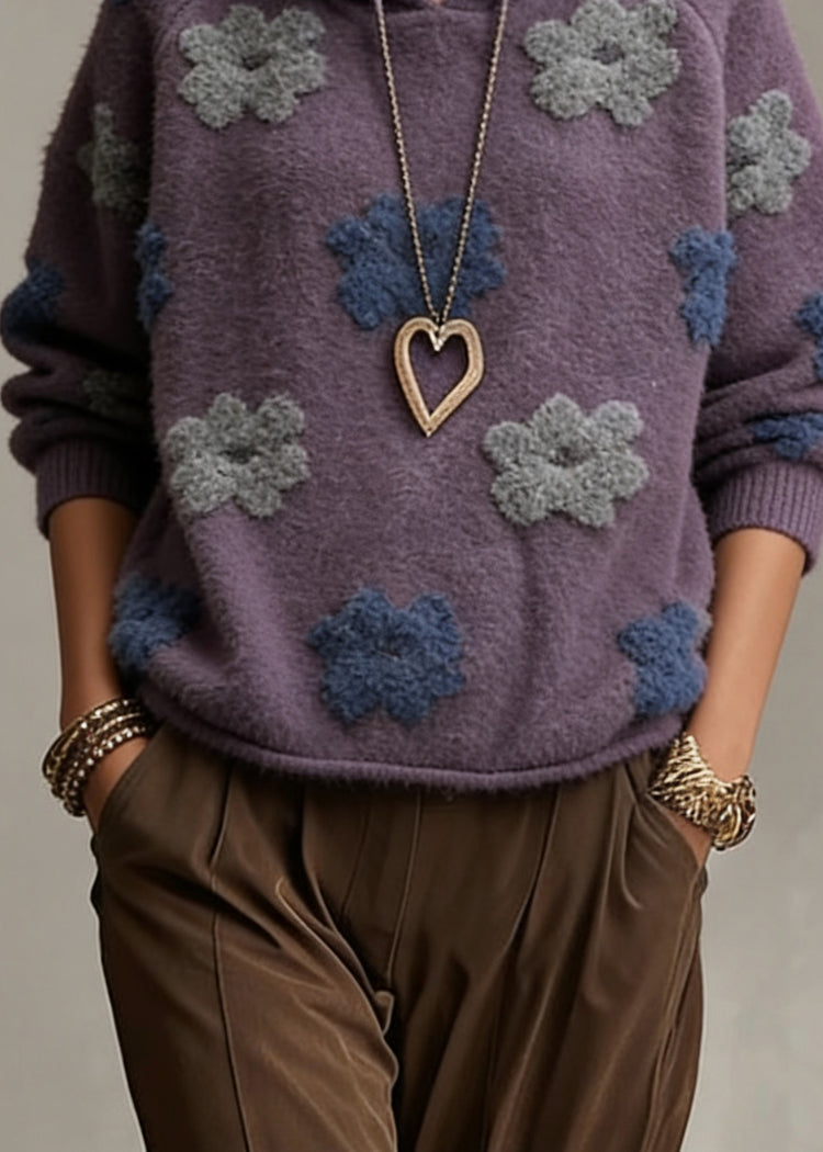 Plus Size Purple Floral Hooded Cotton Knit Sweaters Spring - Omychic