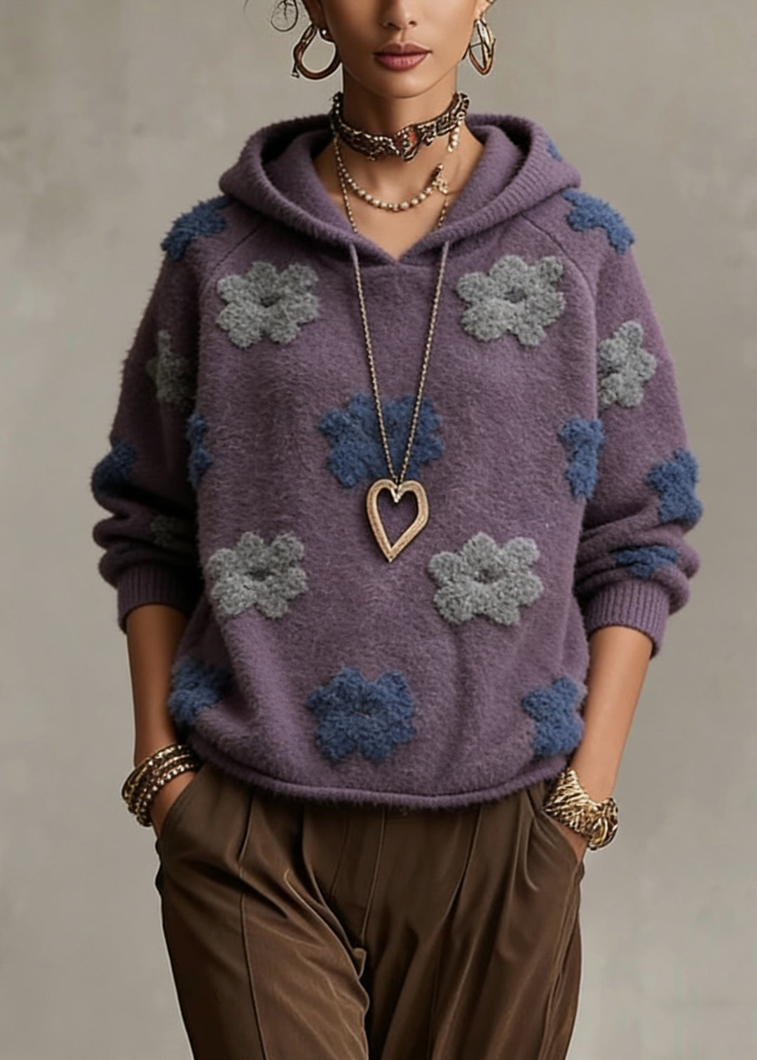 Plus Size Purple Floral Hooded Cotton Knit Sweaters Spring - Omychic