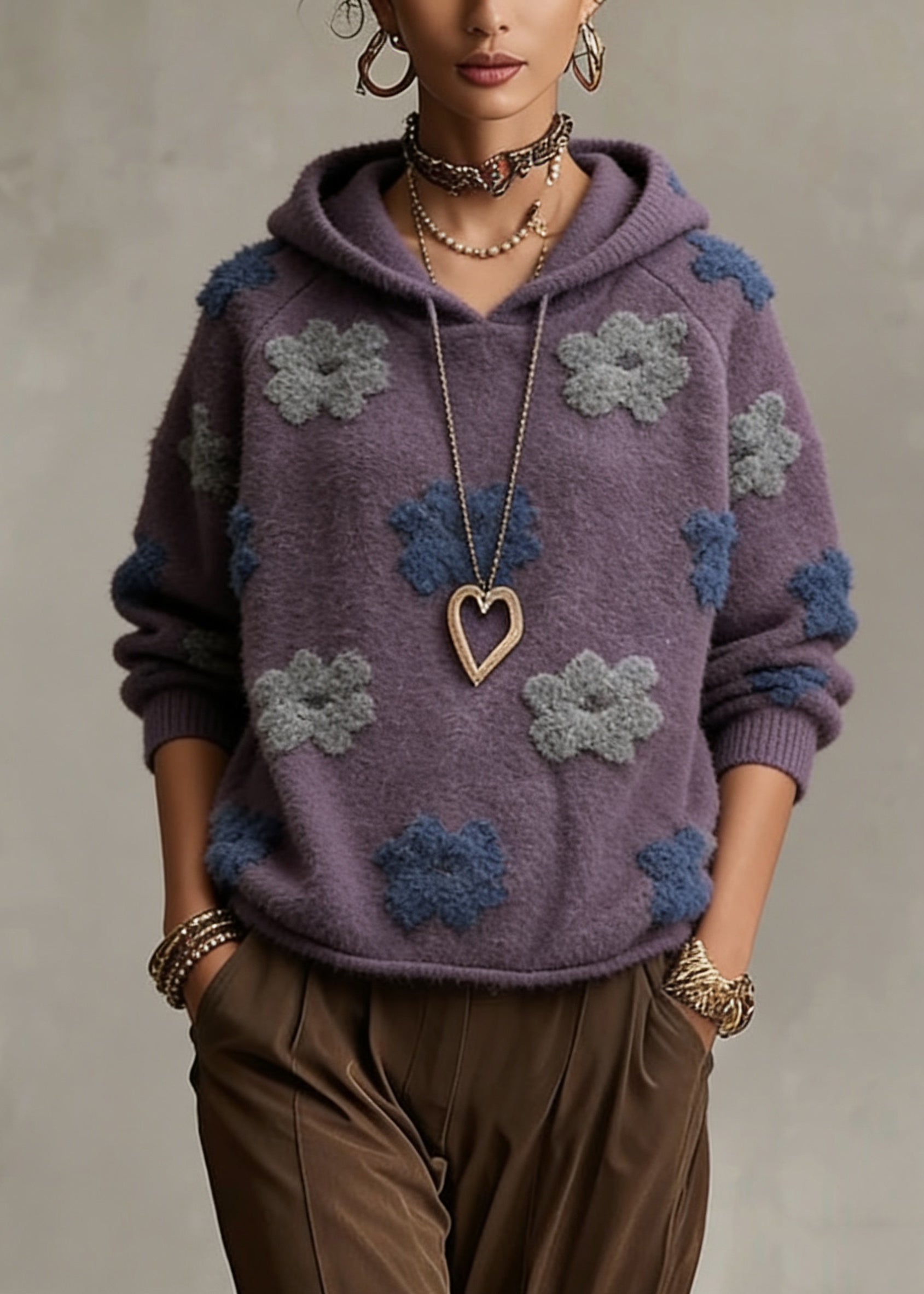 Plus Size Purple Floral Hooded Cotton Knit Sweaters Spring - Omychic