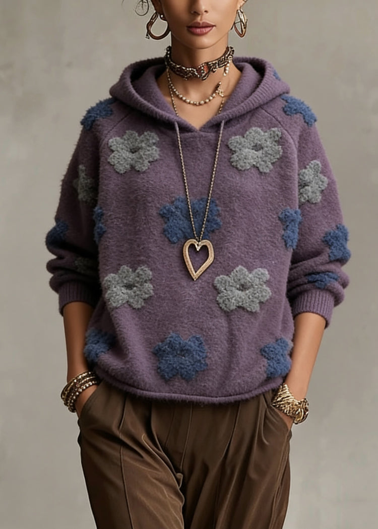 Plus Size Purple Floral Hooded Cotton Knit Sweaters Spring - Omychic