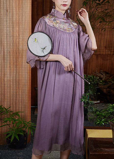 Plus Size Purple Mandarin Collar Embroidered Silk Maxi Dresses Summer