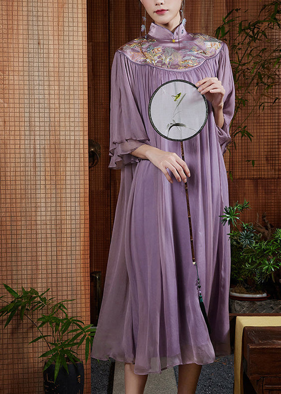Plus Size Purple Mandarin Collar Embroidered Silk Maxi Dresses Summer