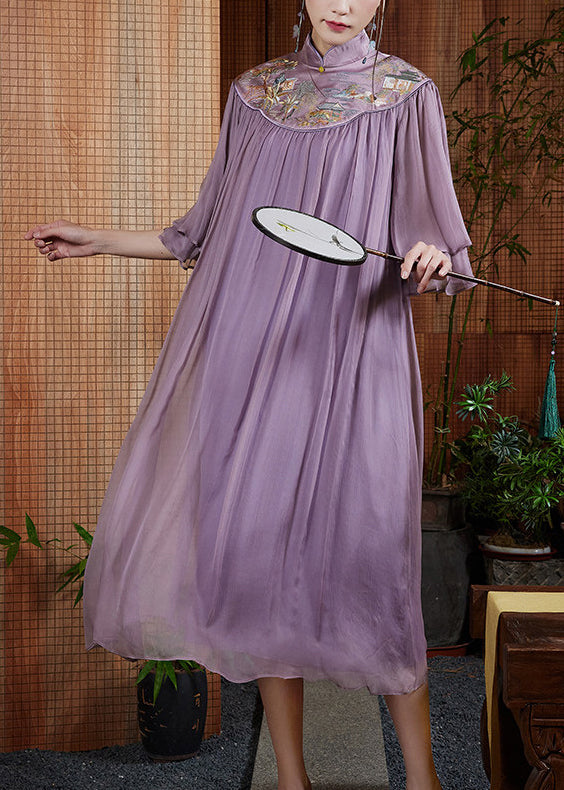 Plus Size Purple Mandarin Collar Embroidered Silk Maxi Dresses Summer