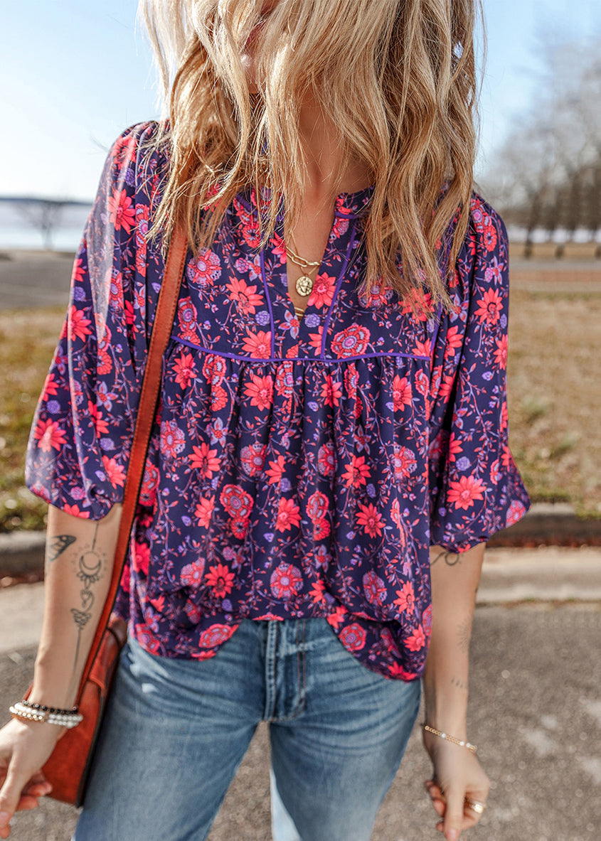 Plus Size Purple O Neck Print Chiffon Top Summer