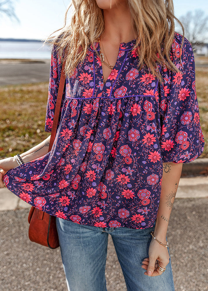 Plus Size Purple O Neck Print Chiffon Top Summer