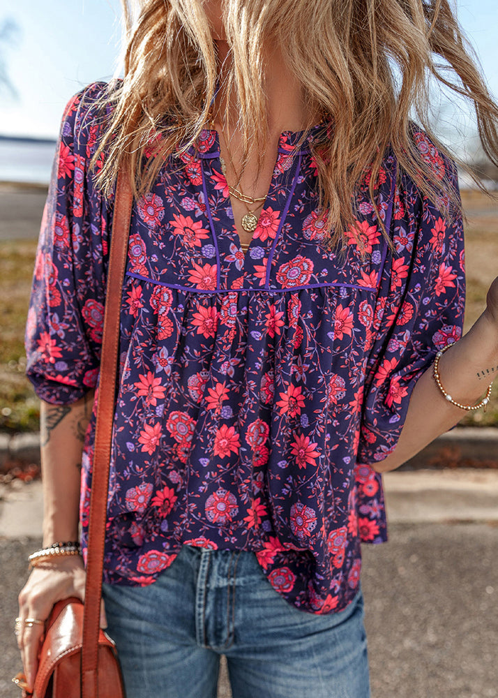 Plus Size Purple O Neck Print Chiffon Top Summer