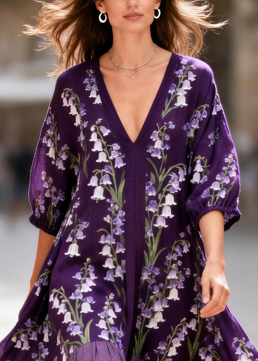 Plus Size Purple Oversized Patchwork Print Cotton Maxi Dresses Summer