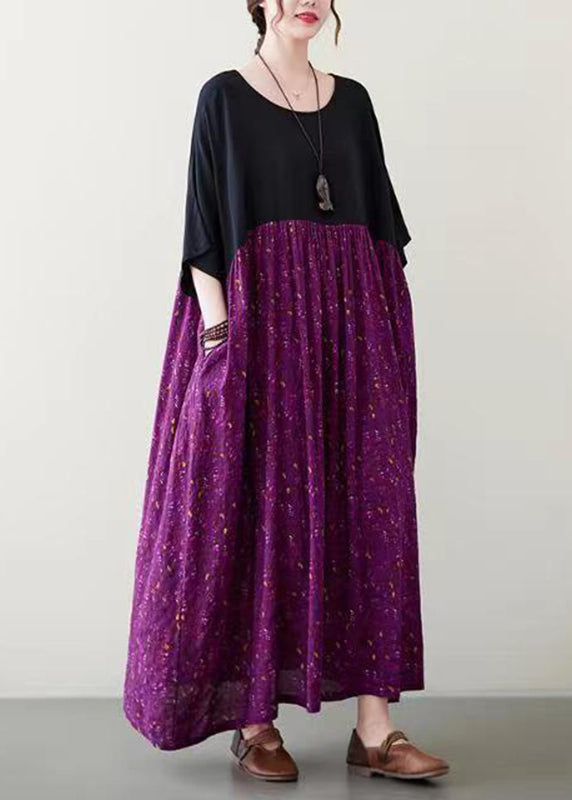 Plus Size Purple Patchwork Wrinkled Maxi Dress Summer