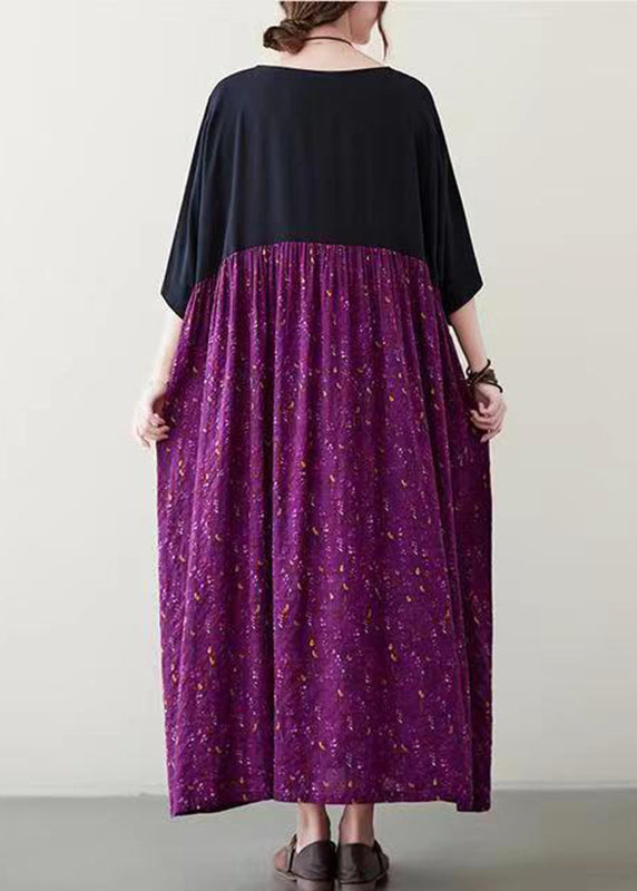 Plus Size Purple Patchwork Wrinkled Maxi Dress Summer