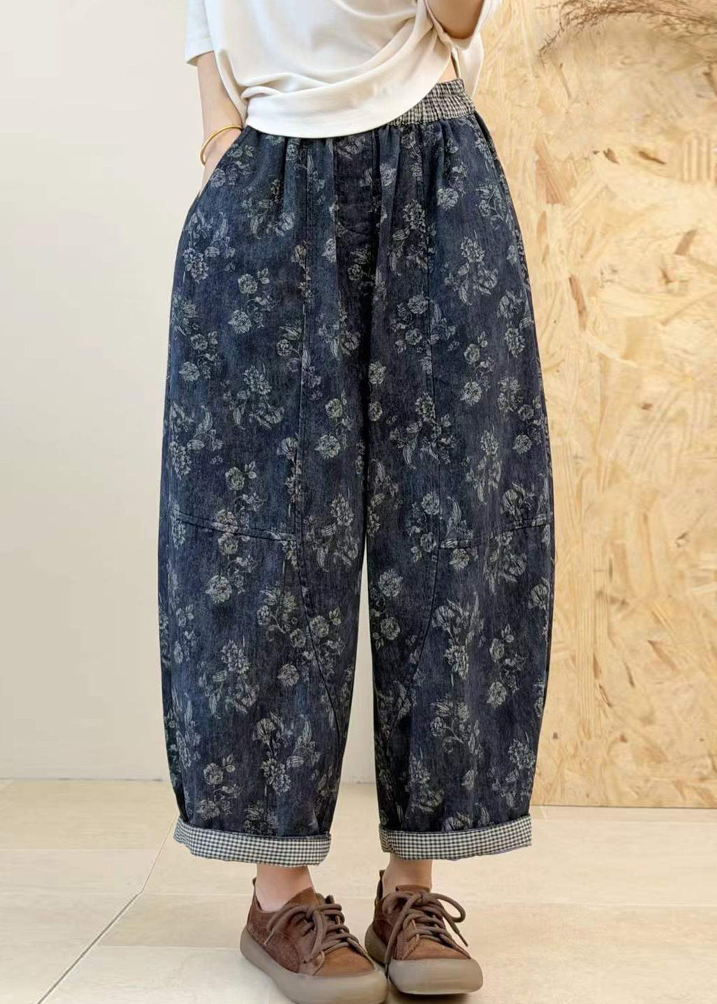 Plus Size Purple Pockets Print Patchwork Elastic Waist Cotton Pants Fall