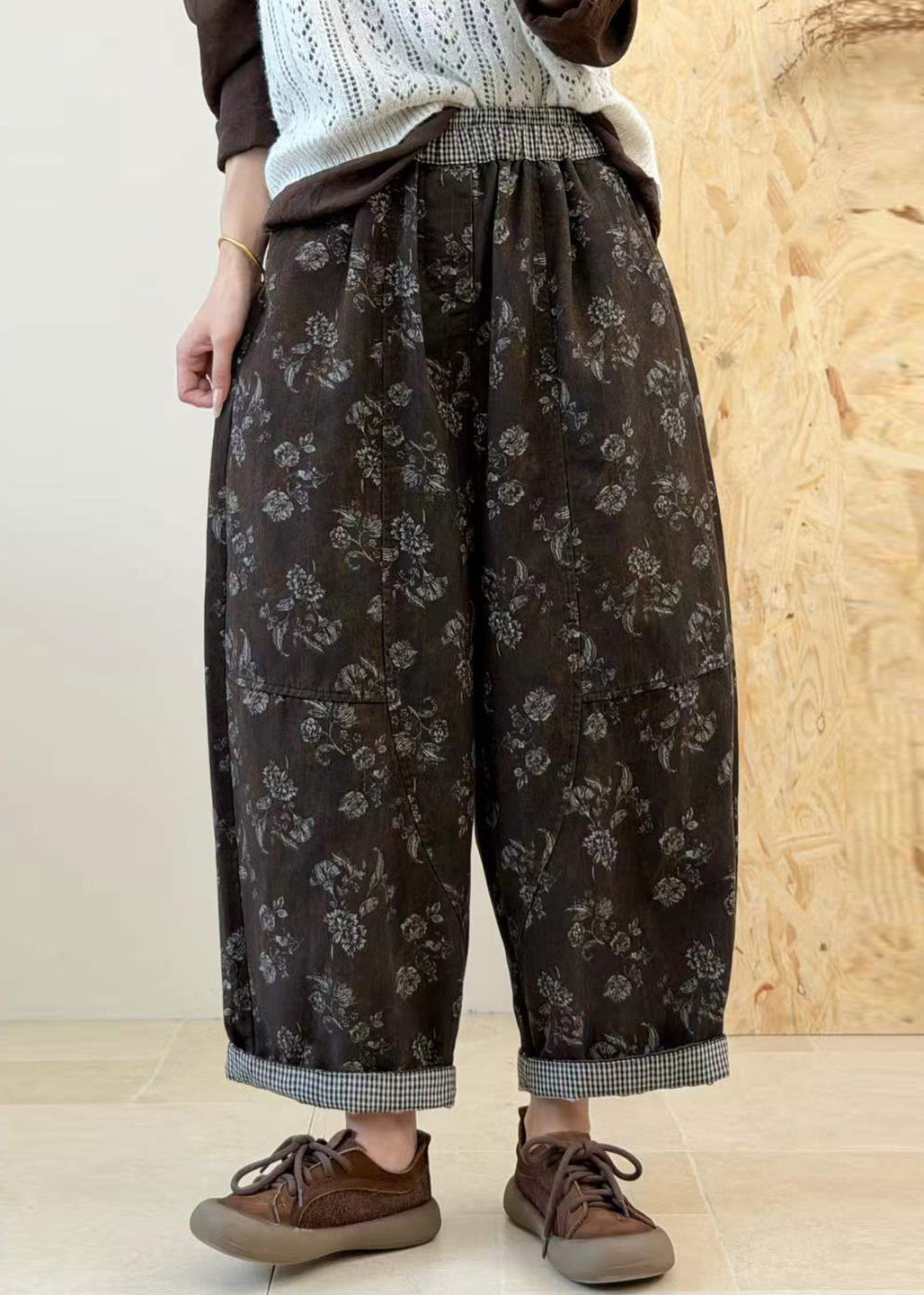 Plus Size Purple Pockets Print Patchwork Elastic Waist Cotton Pants Fall