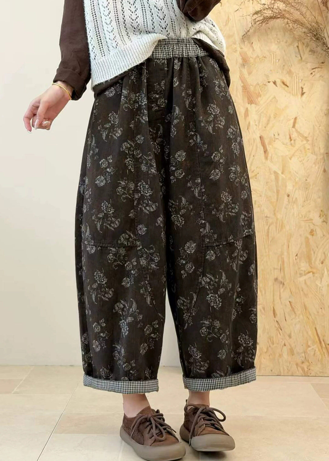 Plus Size Purple Pockets Print Patchwork Elastic Waist Cotton Pants Fall
