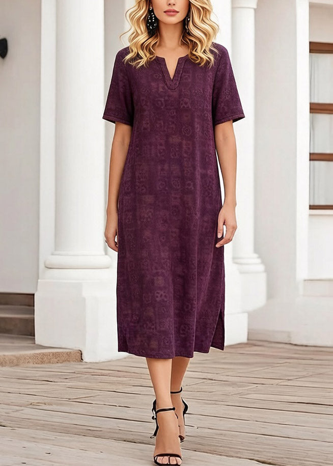 Plus Size Purple Print Patchwork Silk Long Dress Short Sleeve