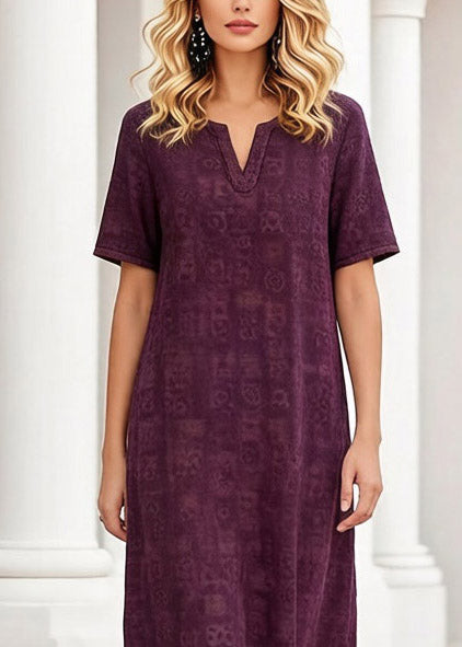 Plus Size Purple Print Patchwork Silk Long Dress Short Sleeve
