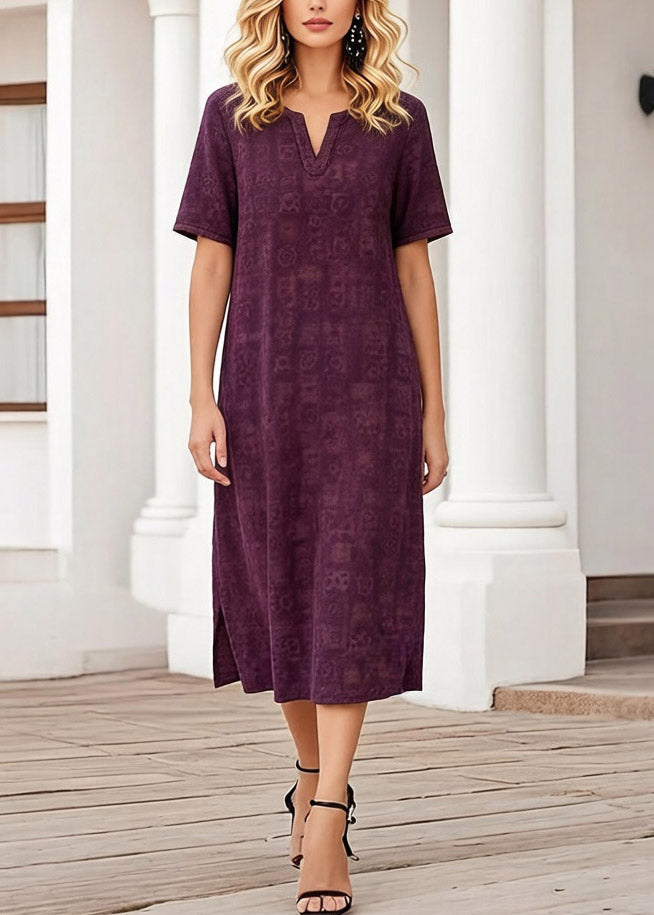 Plus Size Purple Print Patchwork Silk Long Dress Short Sleeve