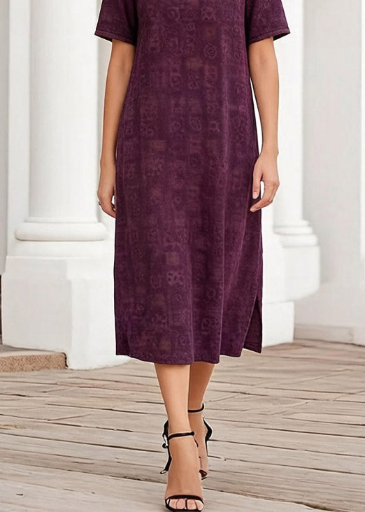 Plus Size Purple Print Patchwork Silk Long Dress Short Sleeve