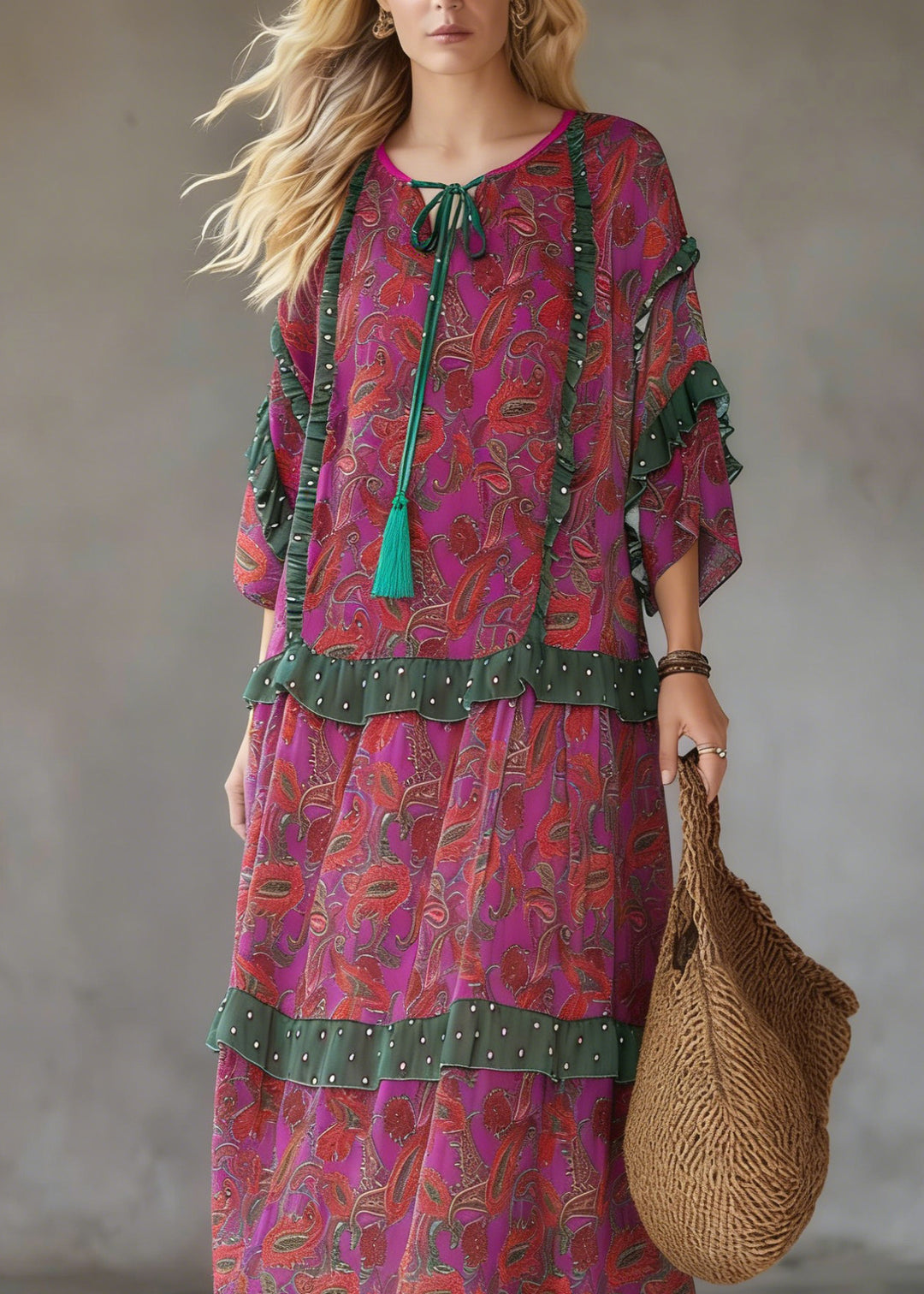 Plus Size Purple Red Print Ruffled Chiffon Party Dress Summer