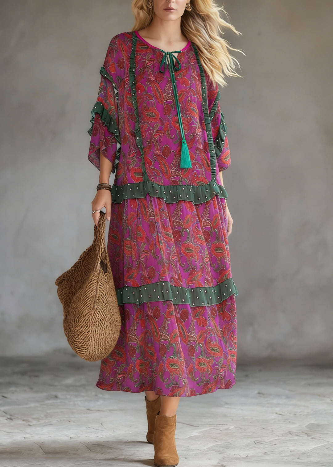 Plus Size Purple Red Print Ruffled Chiffon Party Dress Summer