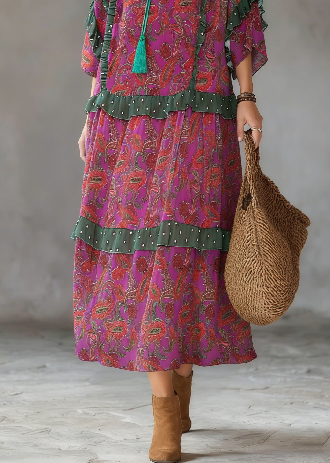 Plus Size Purple Red Print Ruffled Chiffon Party Dress Summer