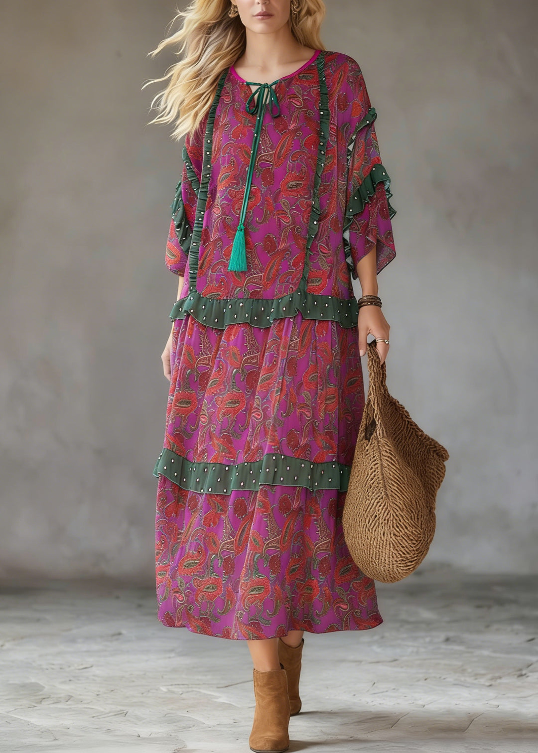 Plus Size Purple Red Print Ruffled Chiffon Party Dress Summer