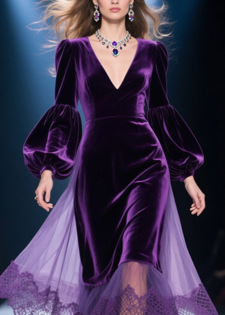 Plus Size Purple V Neck Lace Tulle Patchwork Velvet Dress Fall