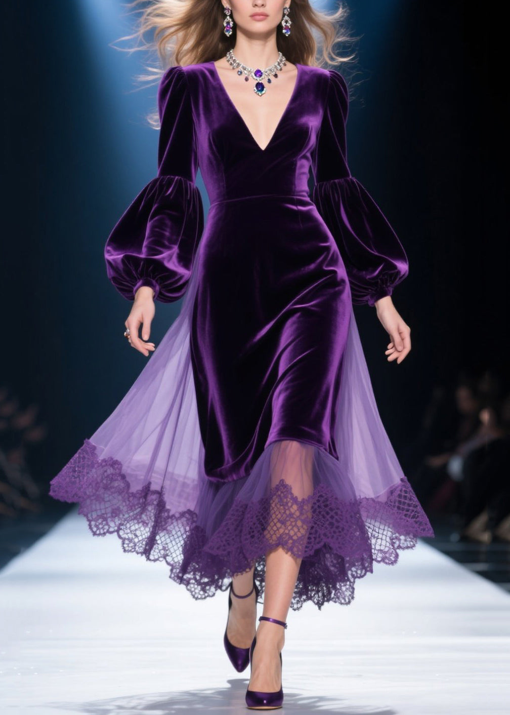 Plus Size Purple V Neck Lace Tulle Patchwork Velvet Dress Fall