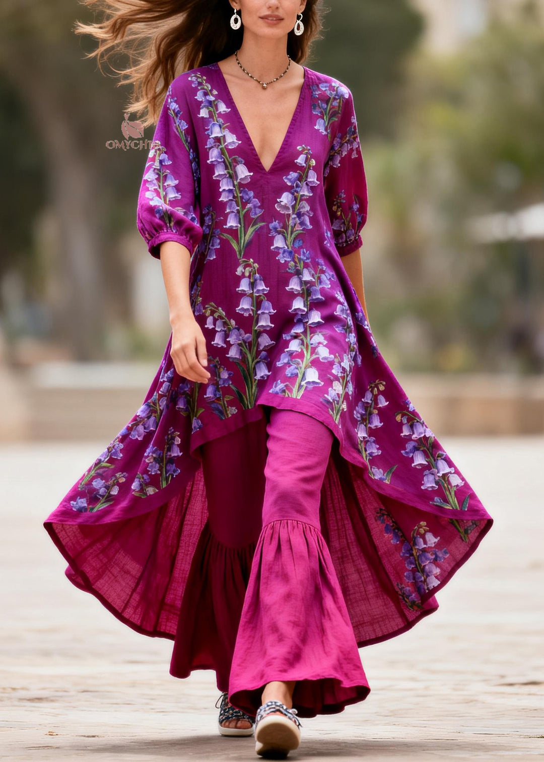 Plus Size Purple V Neck Print Asymmetrical Top And Pants Cotton Two Pieces Set Summer