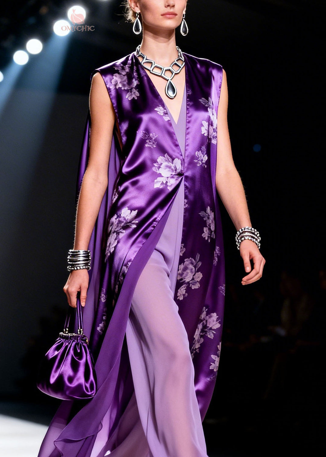 Plus Size Purple V Neck Print Chiffon Two Piece Suit Set Summer