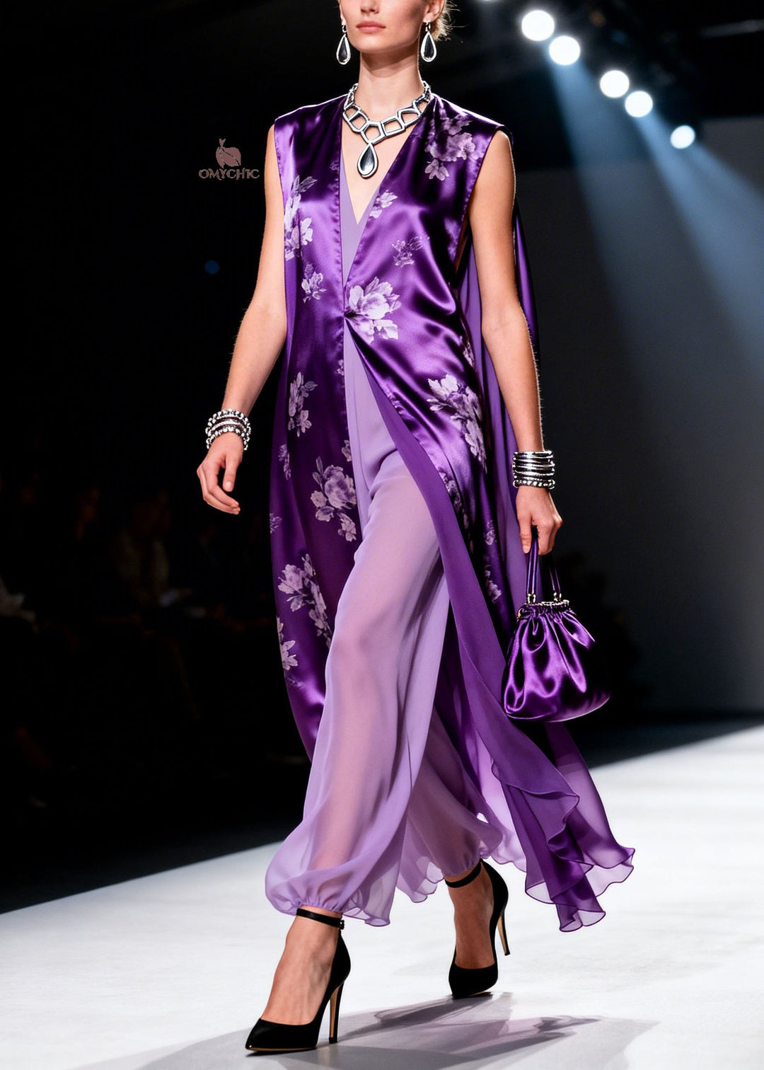 Plus Size Purple V Neck Print Chiffon Two Piece Suit Set Summer