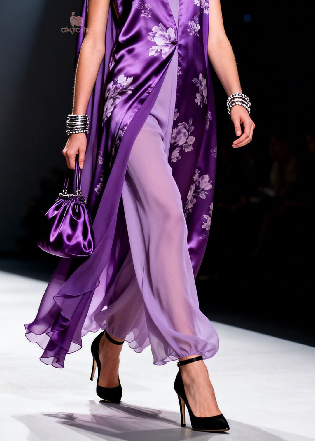 Plus Size Purple V Neck Print Chiffon Two Piece Suit Set Summer