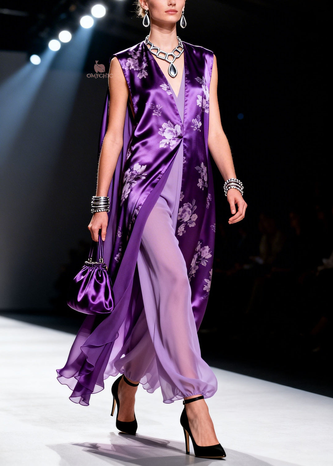 Plus Size Purple V Neck Print Chiffon Two Piece Suit Set Summer