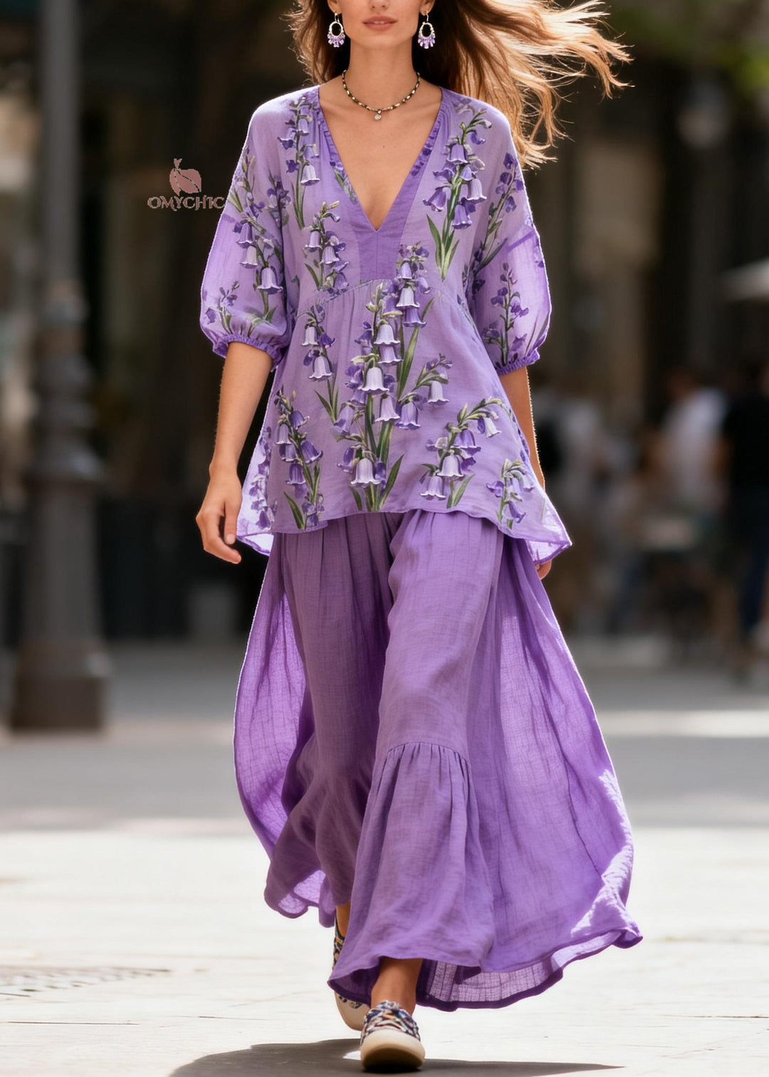 Plus Size Purple V Neck Print Patchwork Cotton Two Piece Set Summer