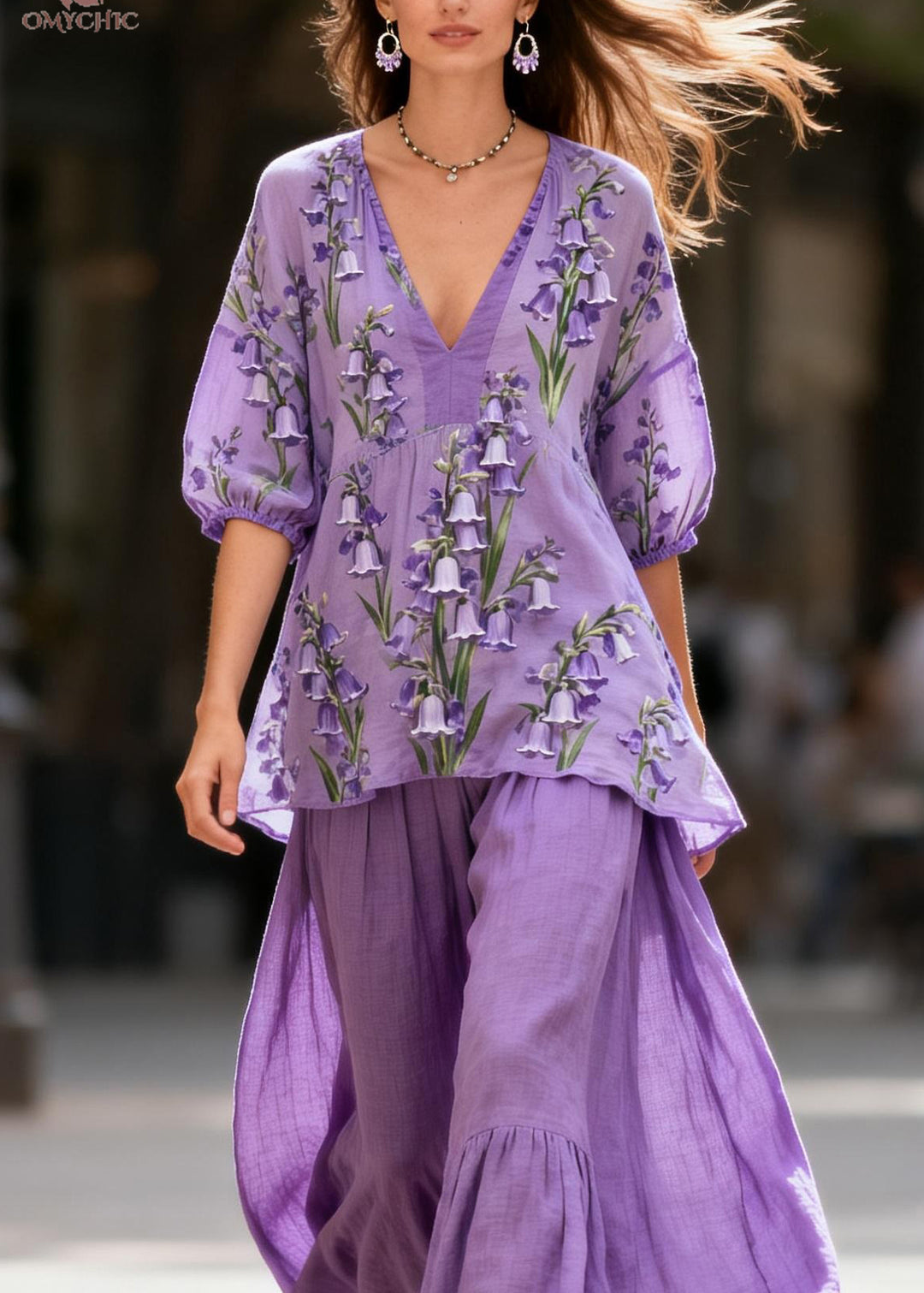 Plus Size Purple V Neck Print Patchwork Cotton Two Piece Set Summer