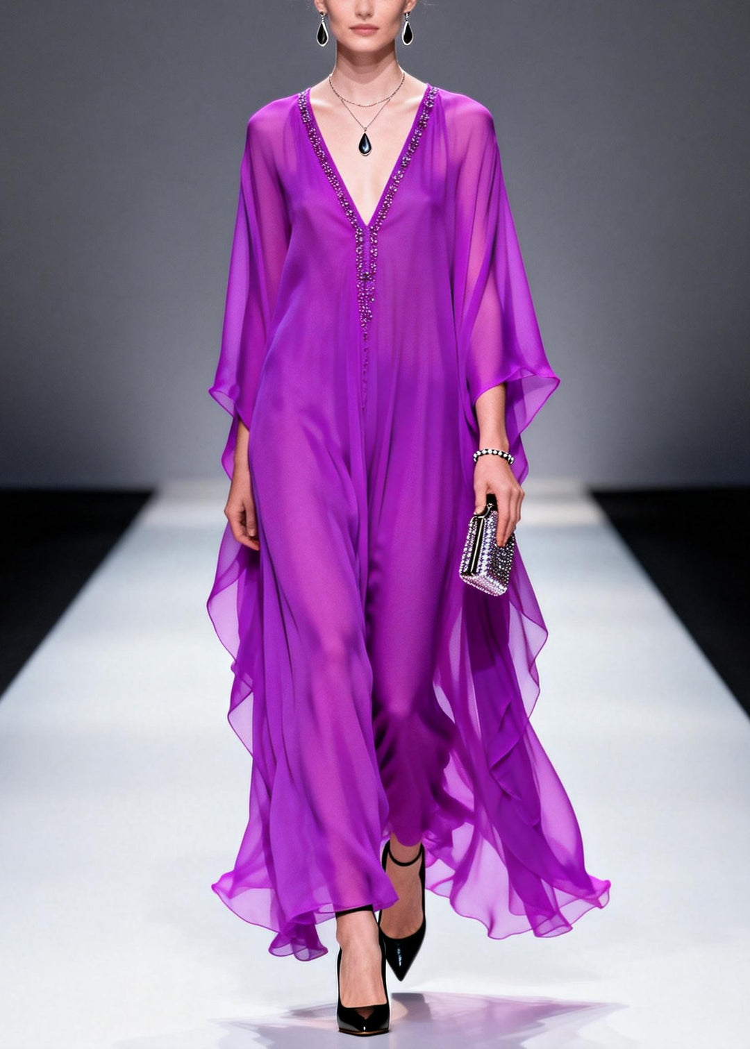 Plus Size Purple V Neck Zircon Draping Chiffon Dresses Summer
