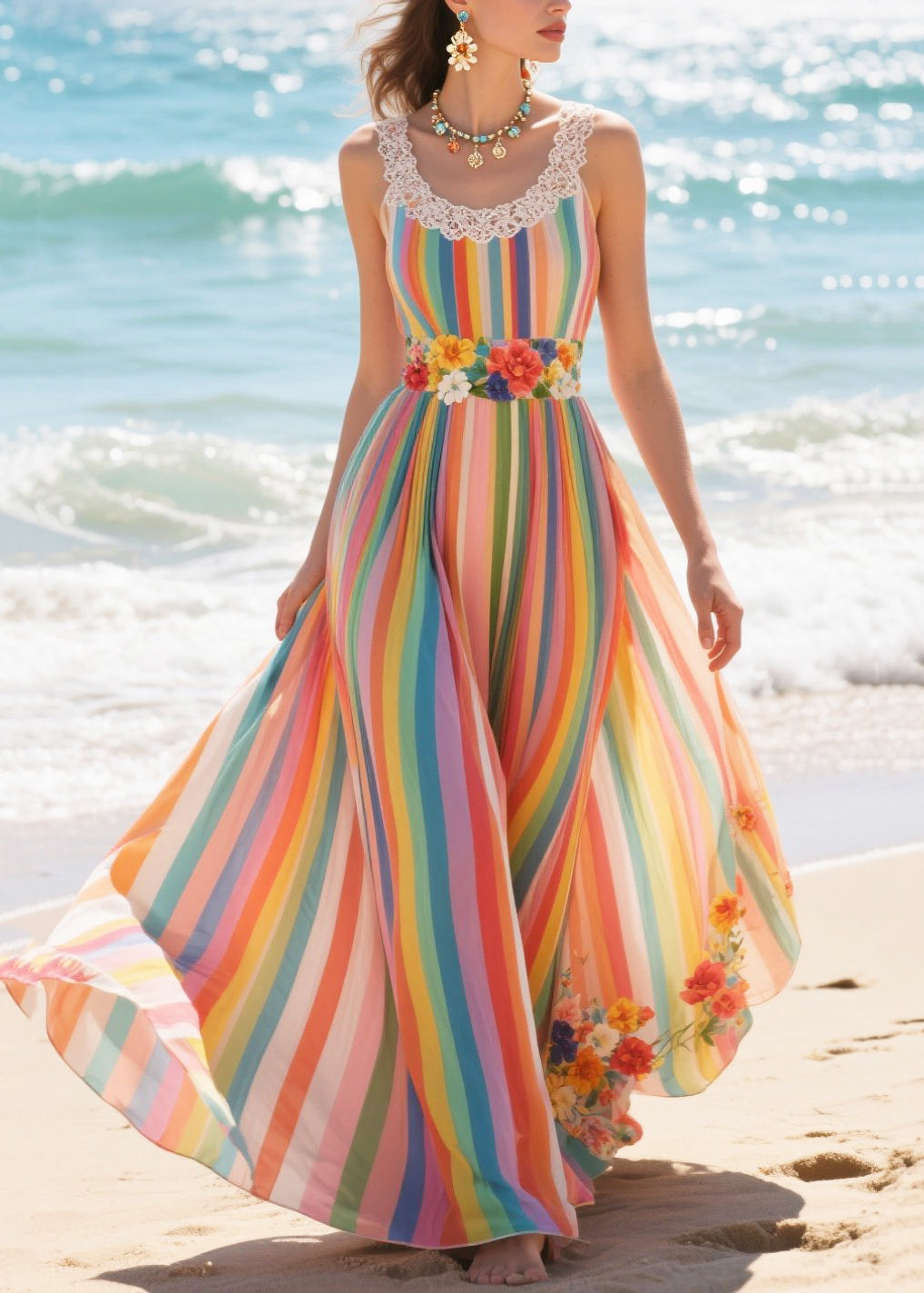 Plus Size Rainbow Striped Exra Large Hem Chiffon Beach Dresses Summer