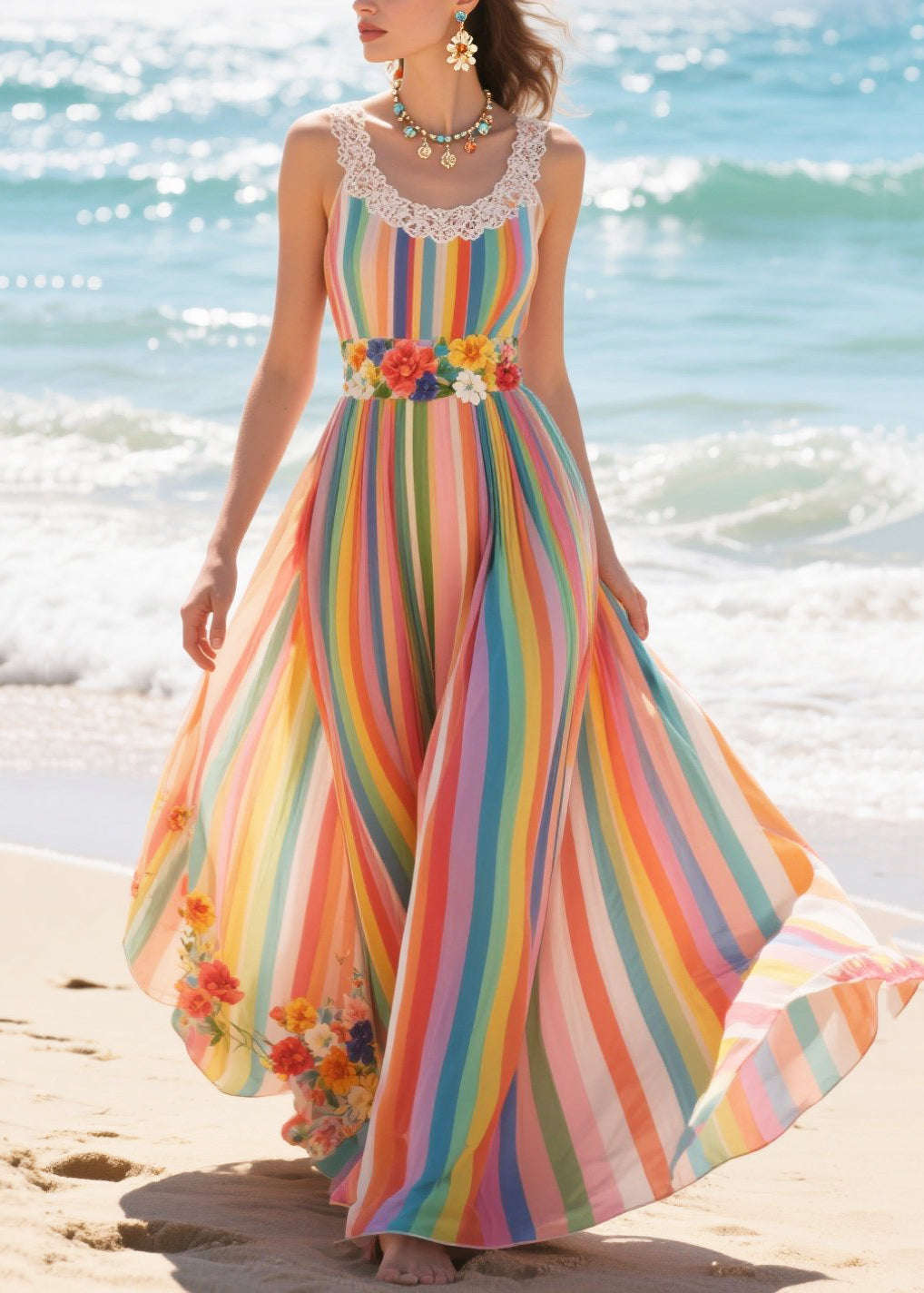 Plus Size Rainbow Striped Exra Large Hem Chiffon Beach Dresses Summer