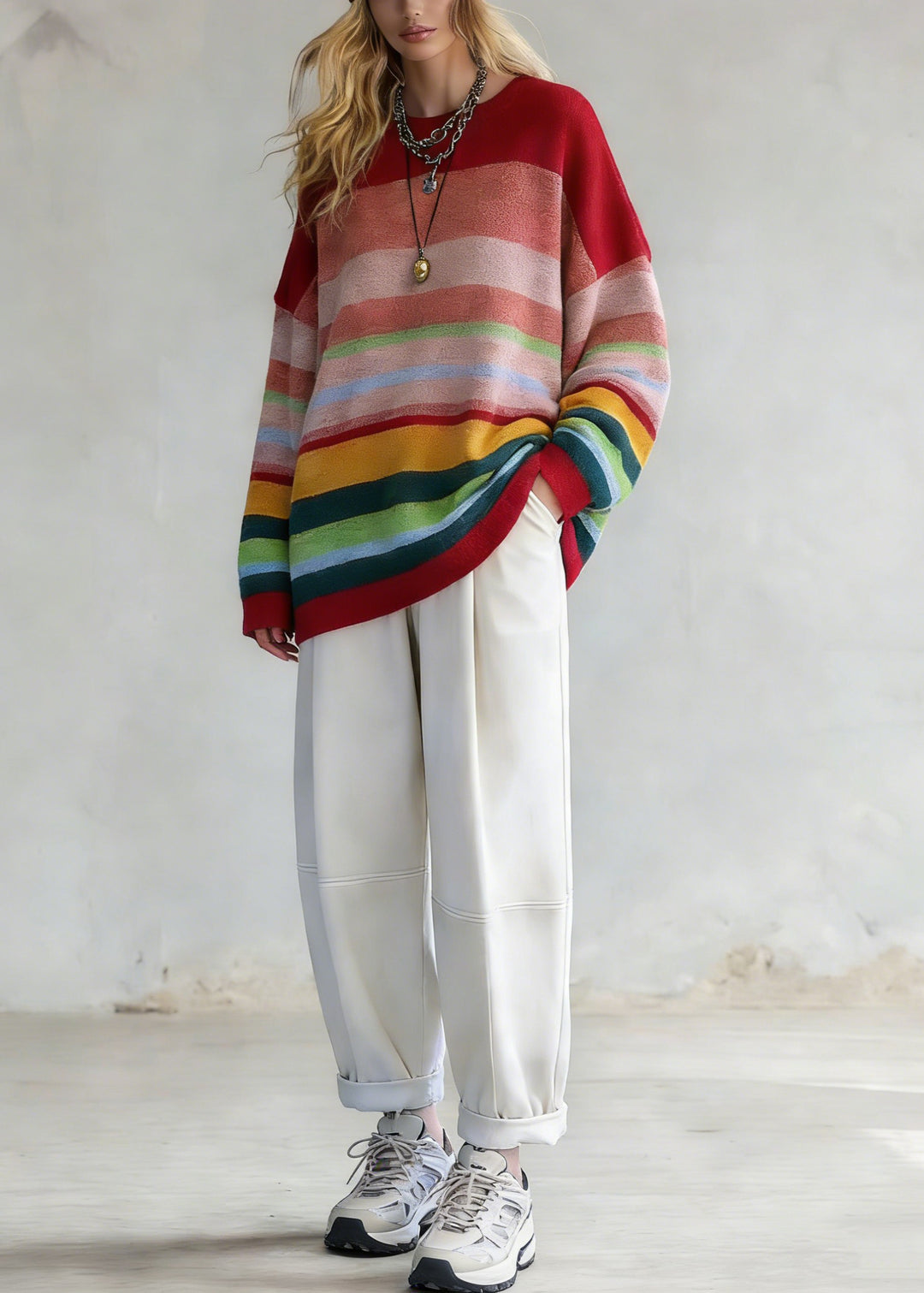 Plus Size Rainbow Striped O-Neck Knit Sweaters And White Pants Two Pieces Set Spring - Omychic