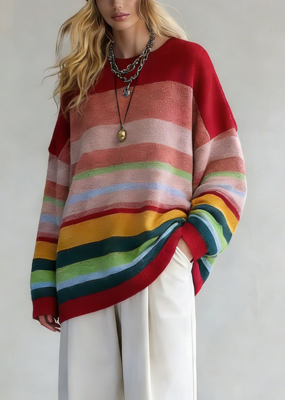Plus Size Rainbow Striped O-Neck Knit Sweaters And White Pants Two Pieces Set Spring - Omychic