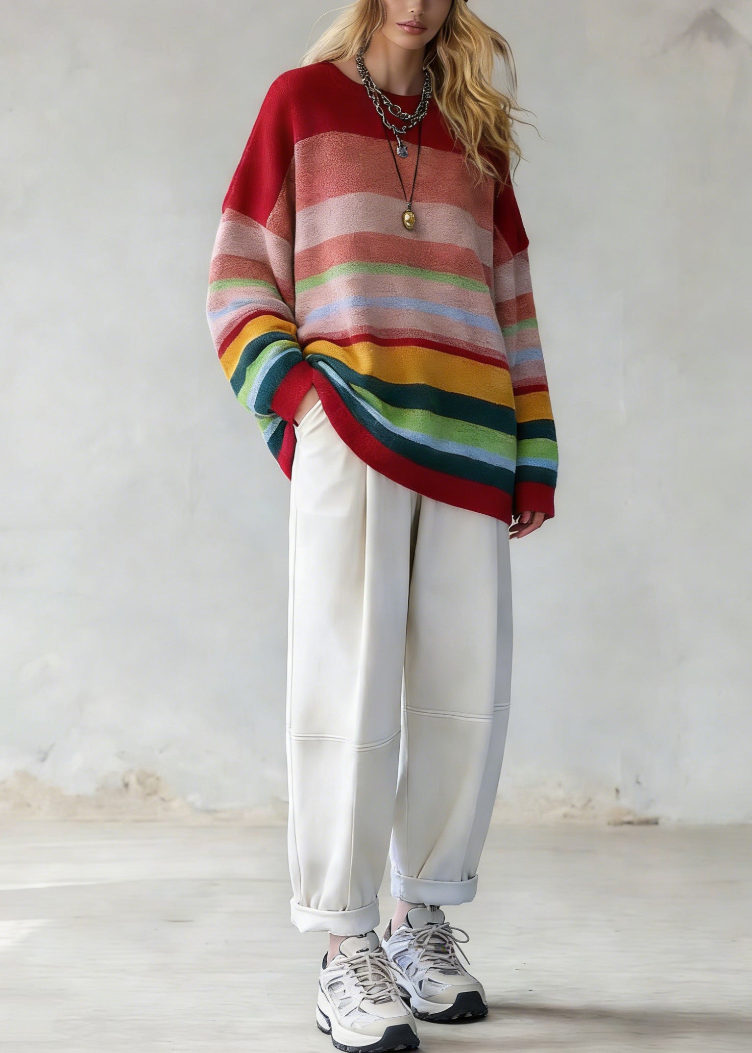 Plus Size Rainbow Striped O-Neck Knit Sweaters And White Pants Two Pieces Set Spring - Omychic