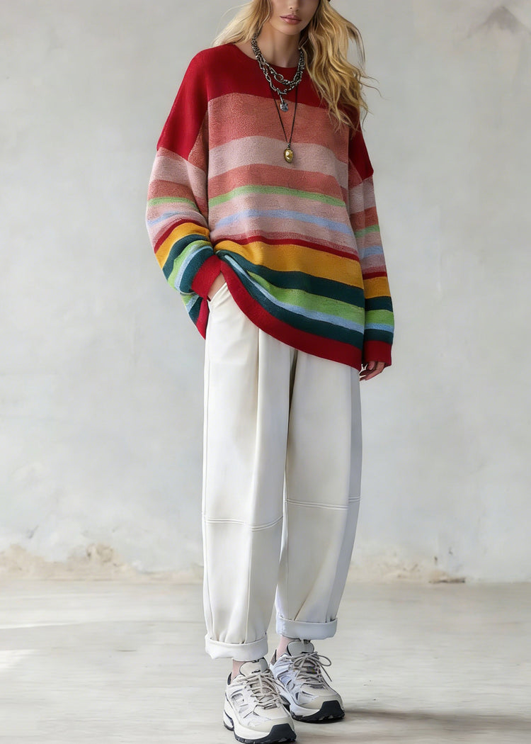 Plus Size Rainbow Striped O-Neck Knit Sweaters And White Pants Two Pieces Set Spring - Omychic