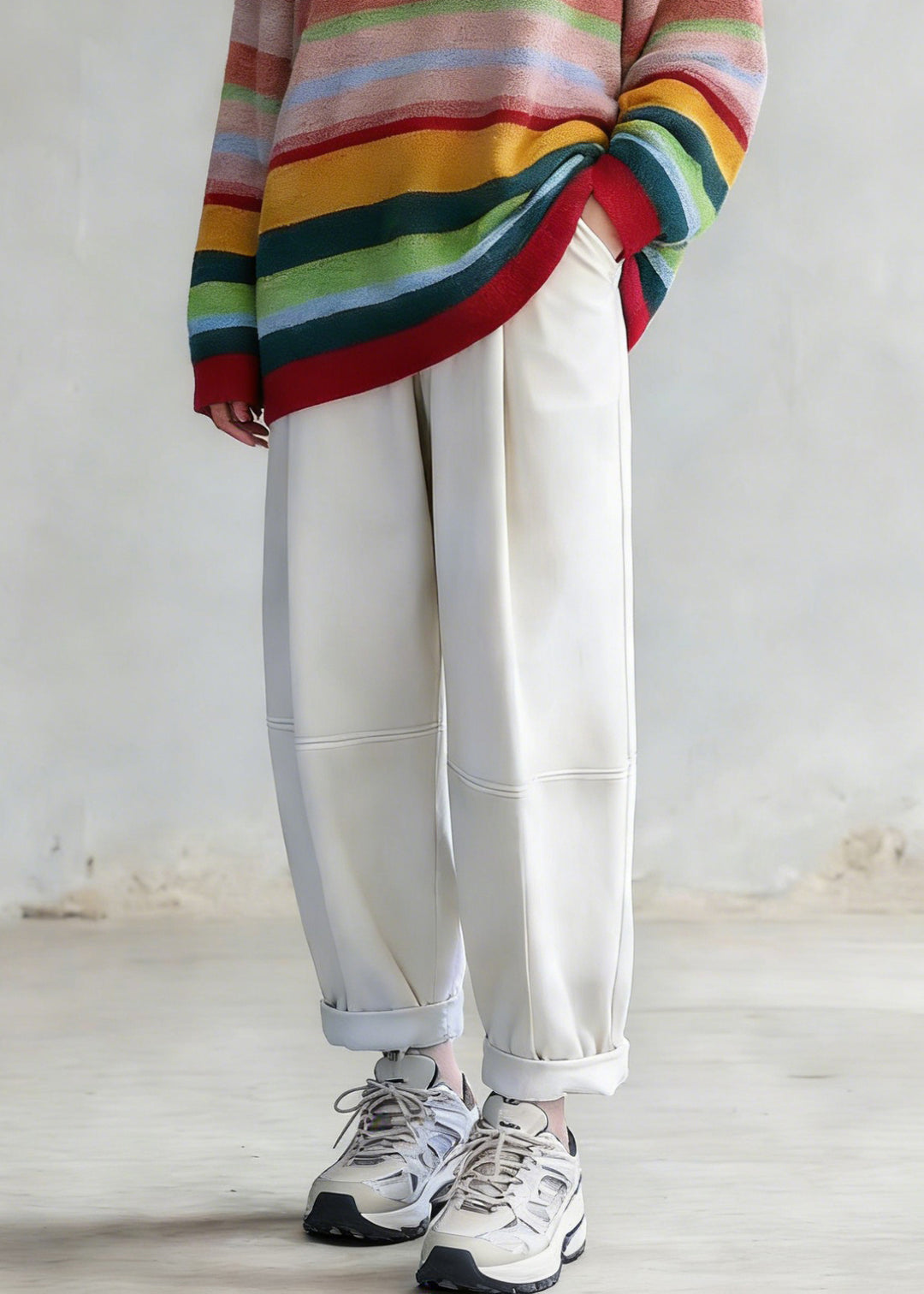 Plus Size Rainbow Striped O-Neck Knit Sweaters And White Pants Two Pieces Set Spring - Omychic