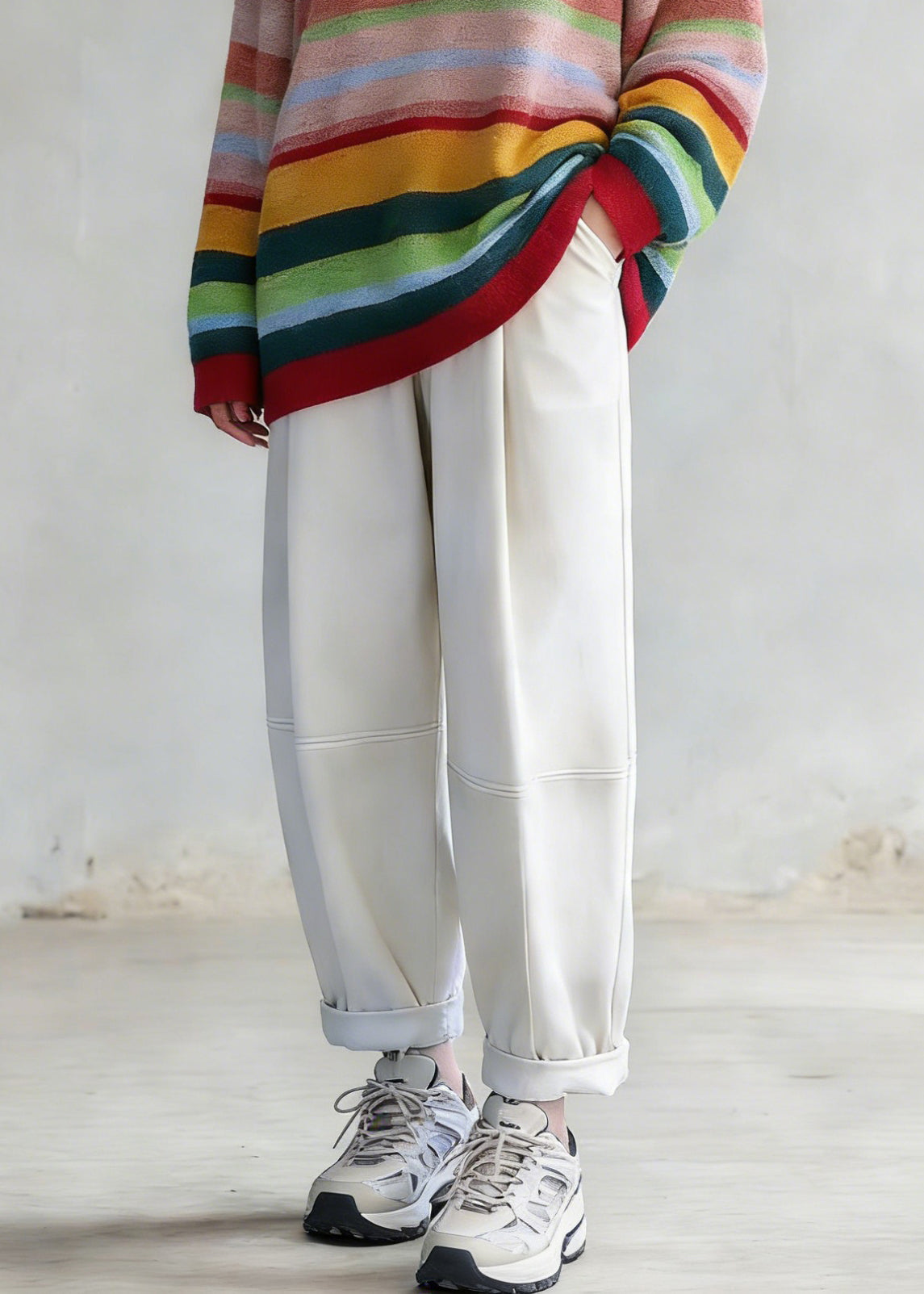 Plus Size Rainbow Striped O-Neck Knit Sweaters And White Pants Two Pieces Set Spring - Omychic
