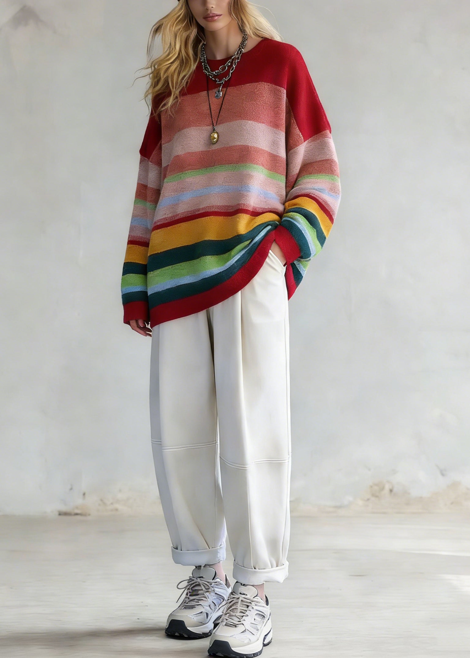 Plus Size Rainbow Striped O-Neck Knit Sweaters And White Pants Two Pieces Set Spring - Omychic