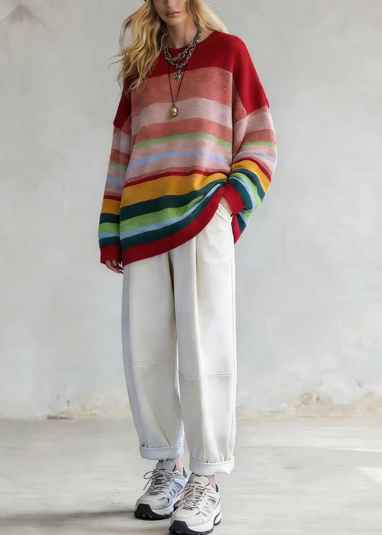 Plus Size Rainbow Striped O-Neck Knit Sweaters And White Pants Two Pieces Set Spring - Omychic