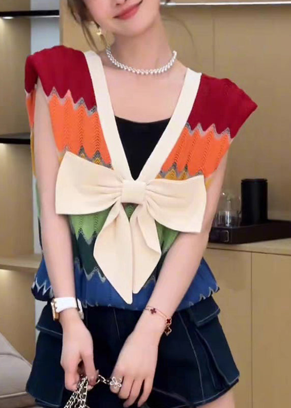Plus Size Rainbow Striped V Neck Bow Patchwork Knit Top Summer
