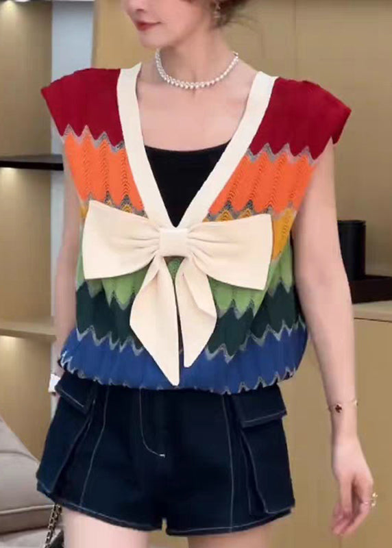 Plus Size Rainbow Striped V Neck Bow Patchwork Knit Top Summer