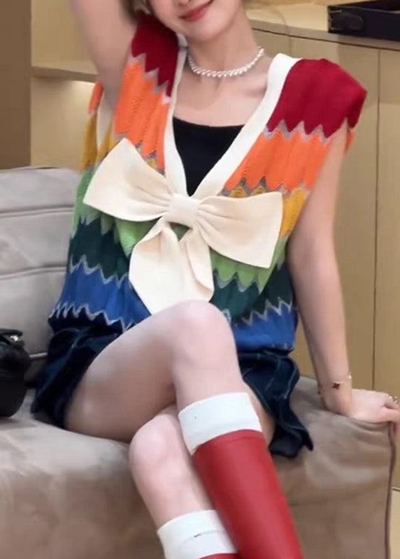 Plus Size Rainbow Striped V Neck Bow Patchwork Knit Top Summer