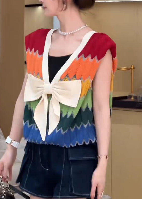 Plus Size Rainbow Striped V Neck Bow Patchwork Knit Top Summer